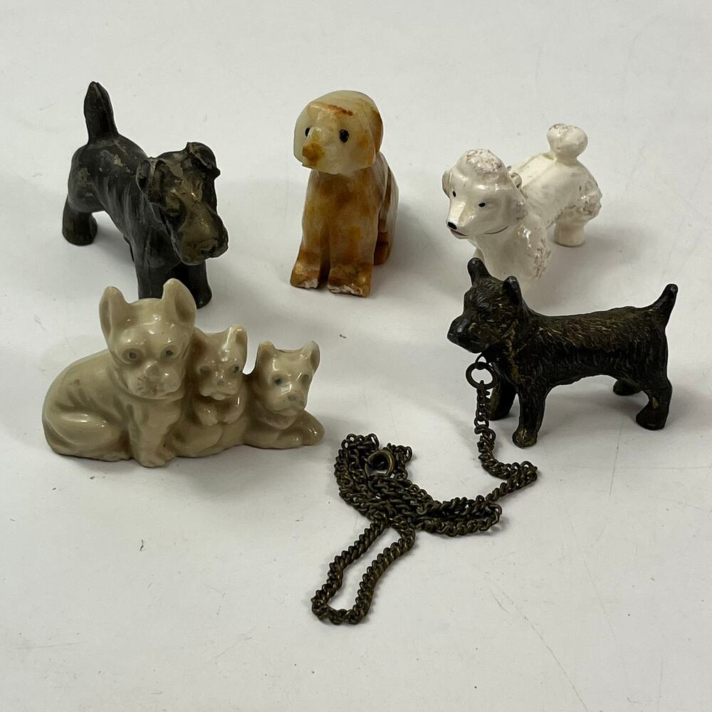 Lot of 5 Miniature Dog Figurines Porcelain Stone Cast Metal Terrier Poodle Set